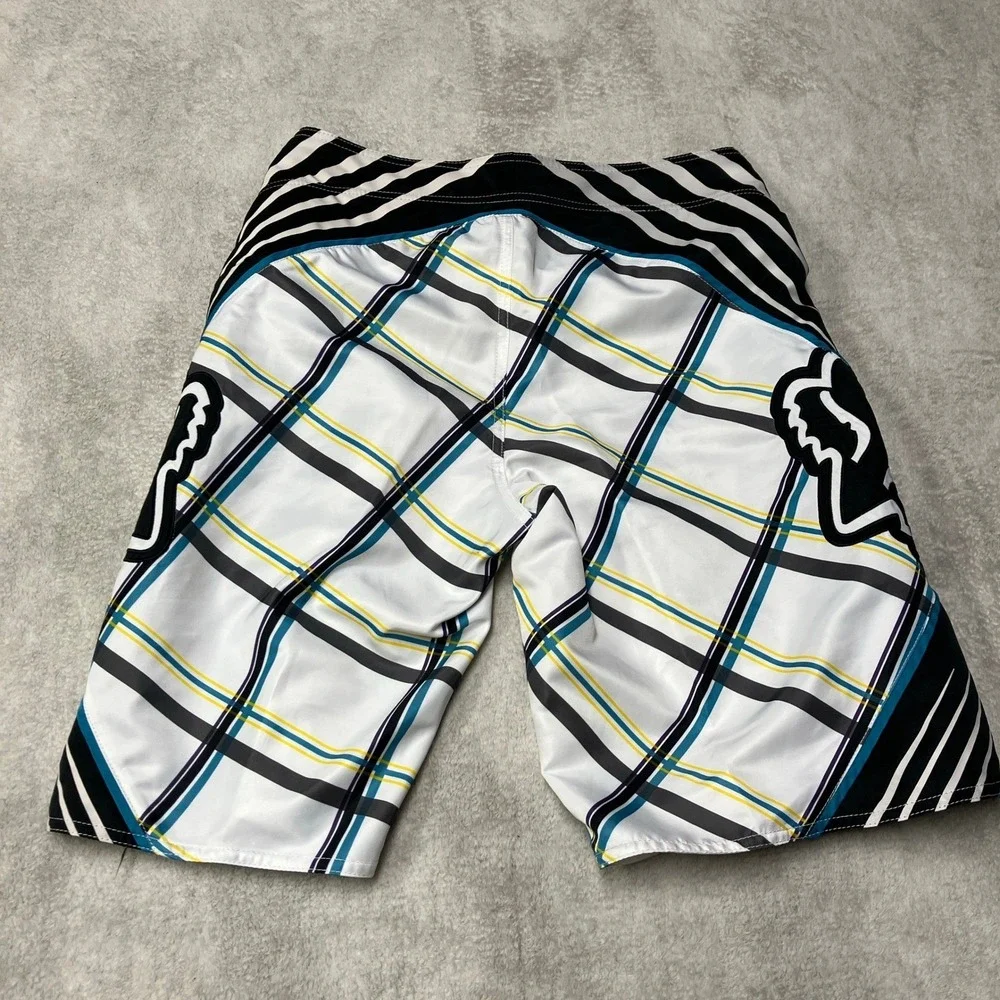 Y2K Fox Racing Board Shorts Plaid Geometric Abstract Big Logo Mens 30